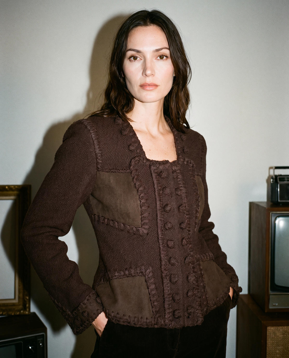 Yves Saint Laurent Vintage Chocolate Brown Textured Cropped Jacket/Sweater