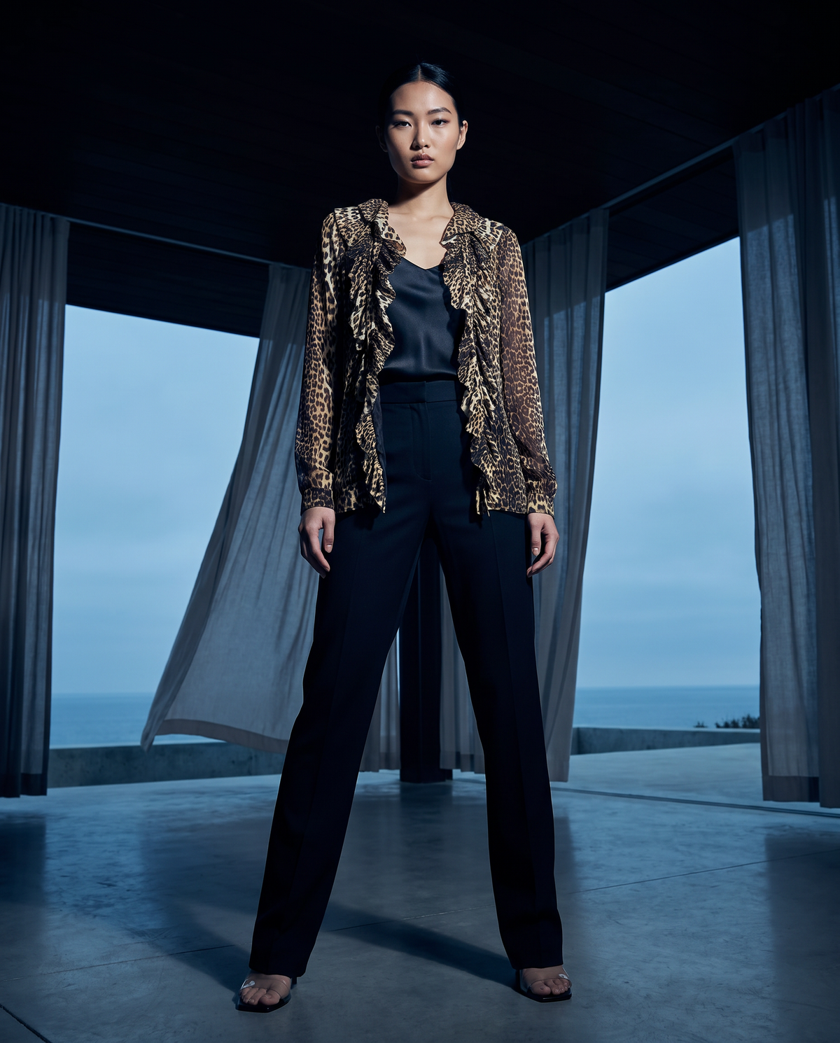 Jean Paul Gaultier Leopard Print Ruffle Open-Front Mesh Top Cardigan