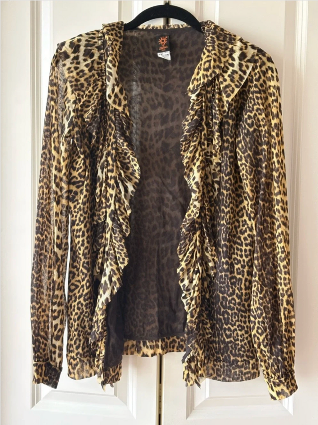 Jean Paul Gaultier Leopard Print Ruffle Open-Front Mesh Top Cardigan