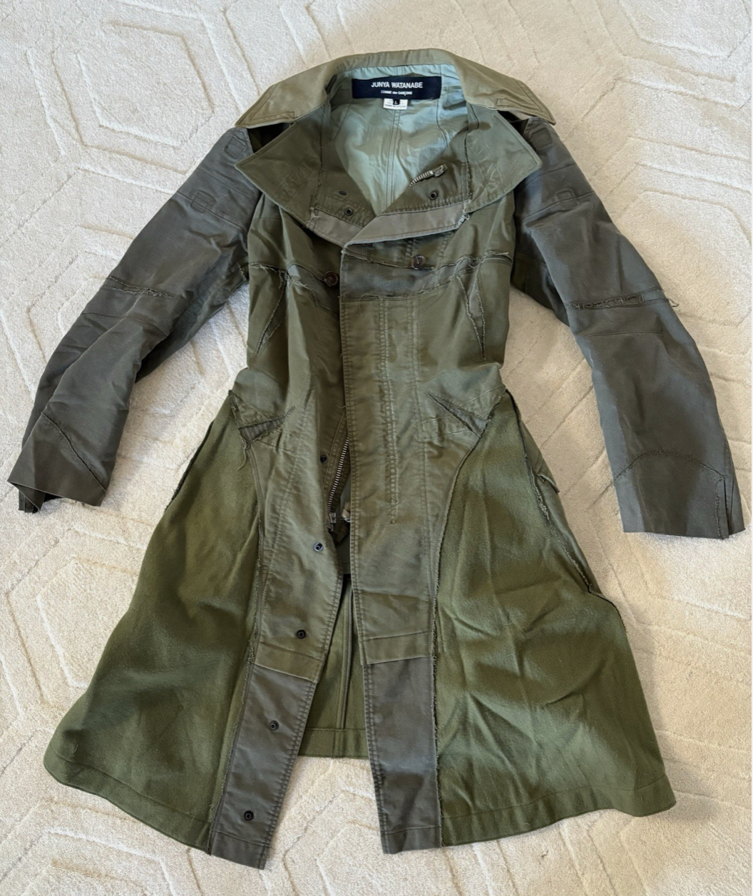Junya Watanabe Comme des Garcons Olive Green Patchwork Long Coat