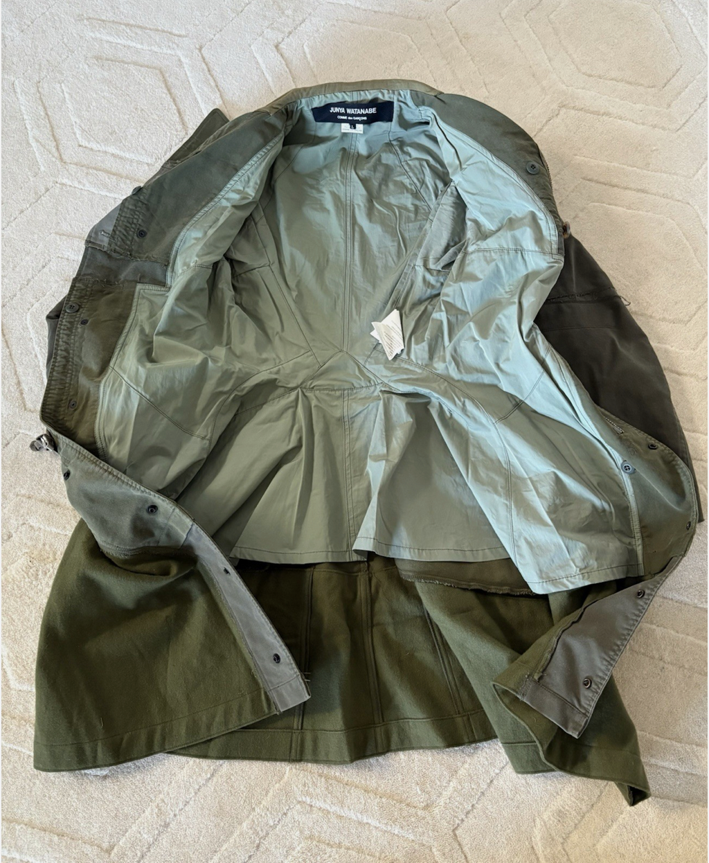 Junya Watanabe Comme des Garcons Olive Green Patchwork Long Coat