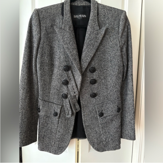 Balmain Paris Herringbone Tweed Blazer Jacket