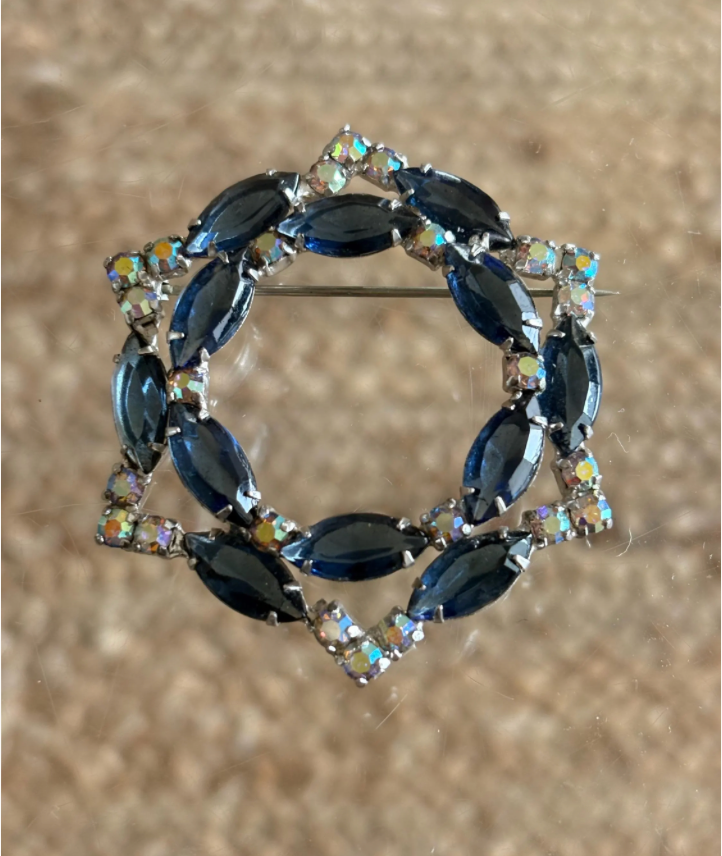 Vintage Blue Navette & AB Rhinestone Brooch