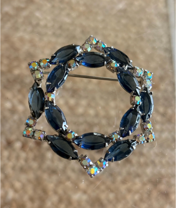 Vintage Blue Navette & AB Rhinestone Brooch