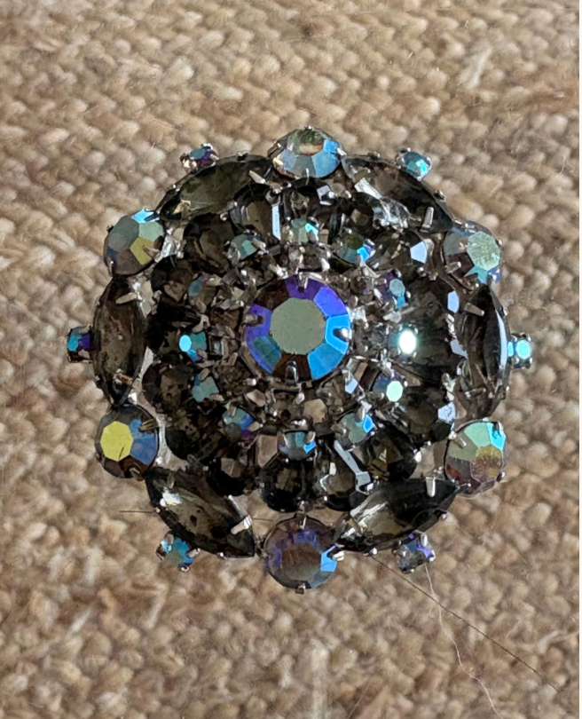 Iridescent Gray and Black AB Rhinestone Brooch