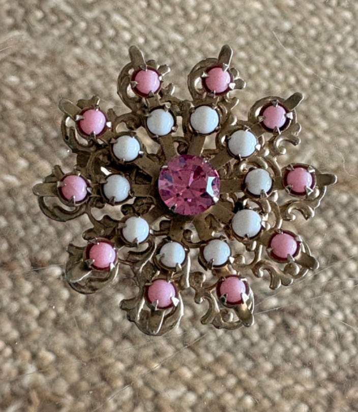 Floral Brooch White Lucite & Pink Rhinestone Brooch