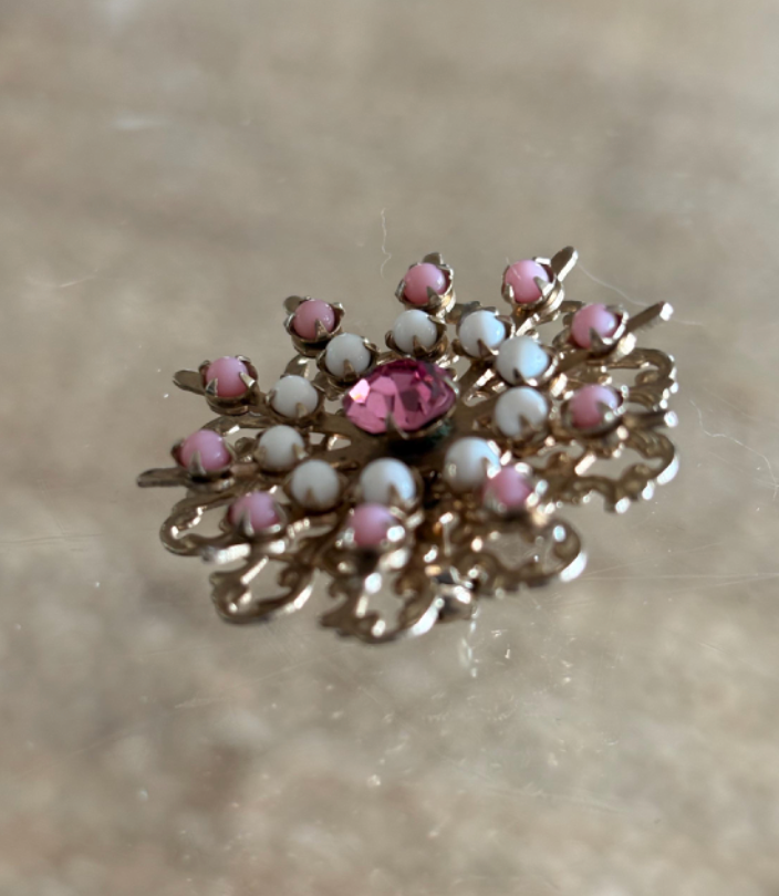 Floral Brooch White Lucite & Pink Rhinestone Brooch