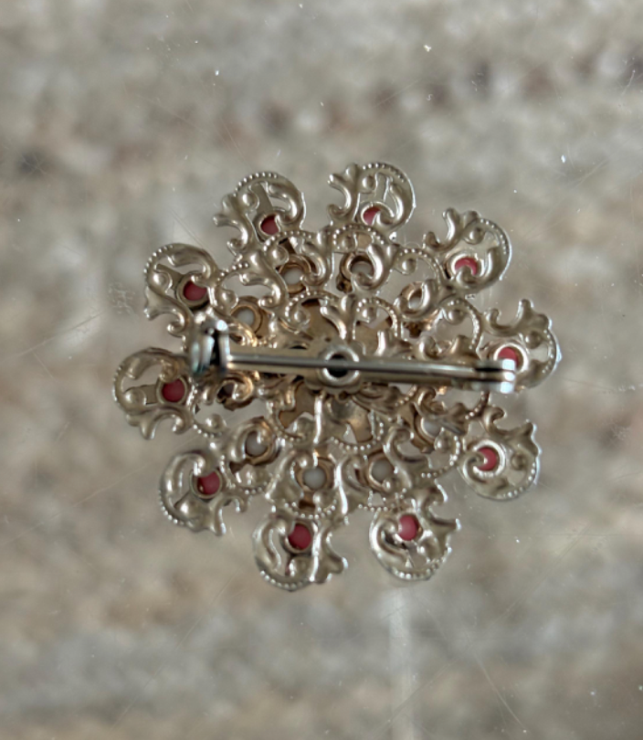 Floral Brooch White Lucite & Pink Rhinestone Brooch