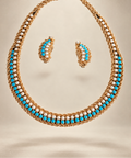 HOBE Turquoise and White Stone Gold Mesh Necklace and Earrings Set