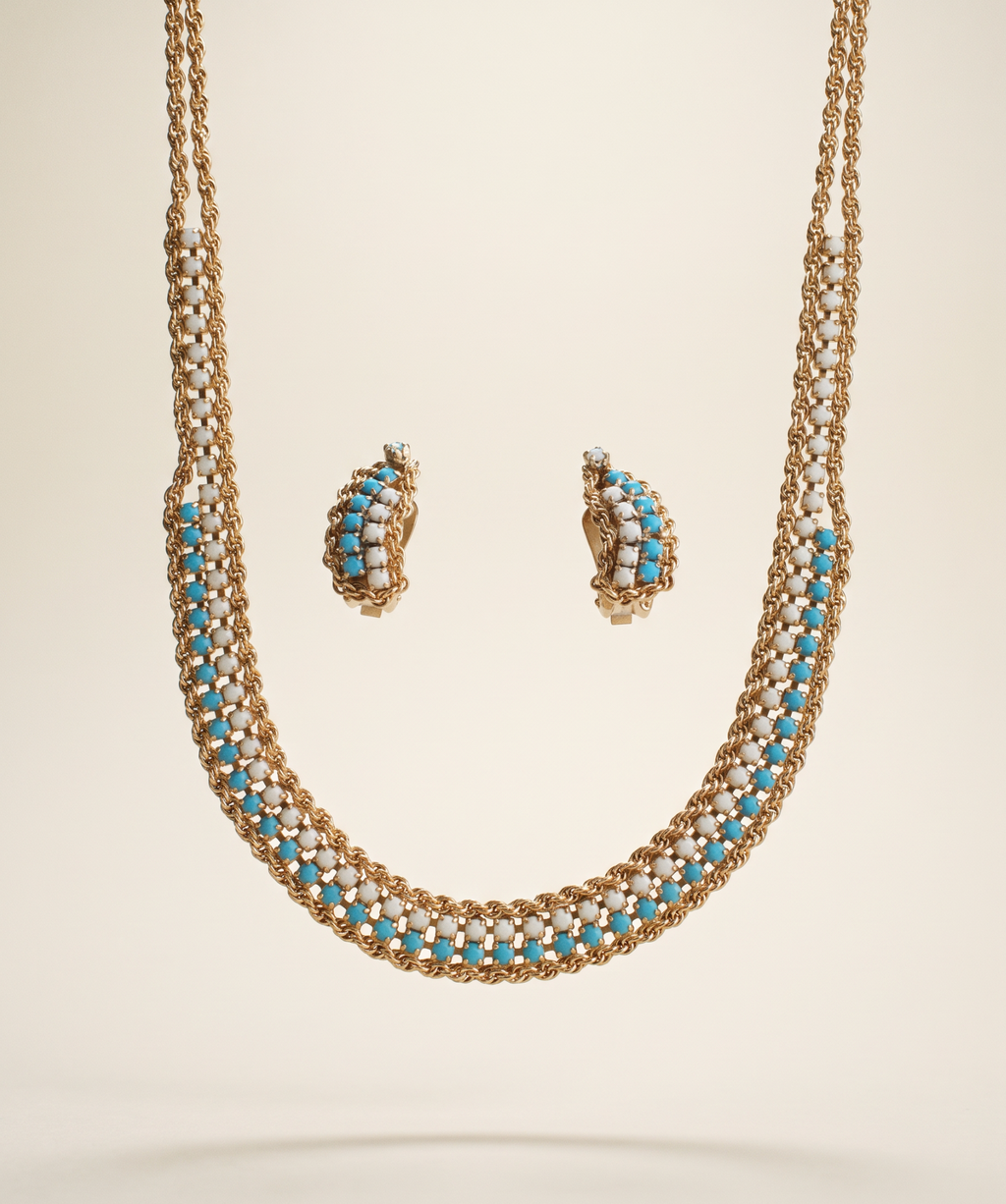 HOBE Turquoise and White Stone Gold Mesh Necklace and Earrings Set