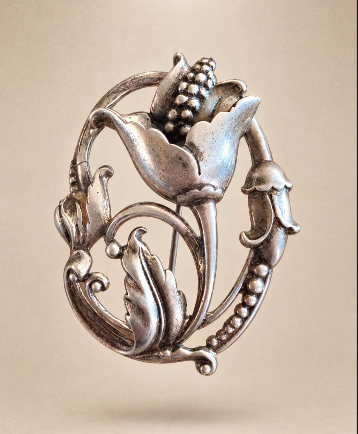 Large Floral Art Nouveau Sterling Silver Brooch