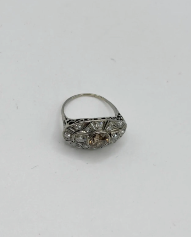 Art Deco 14K White Gold Old European Halo Diamond Ring