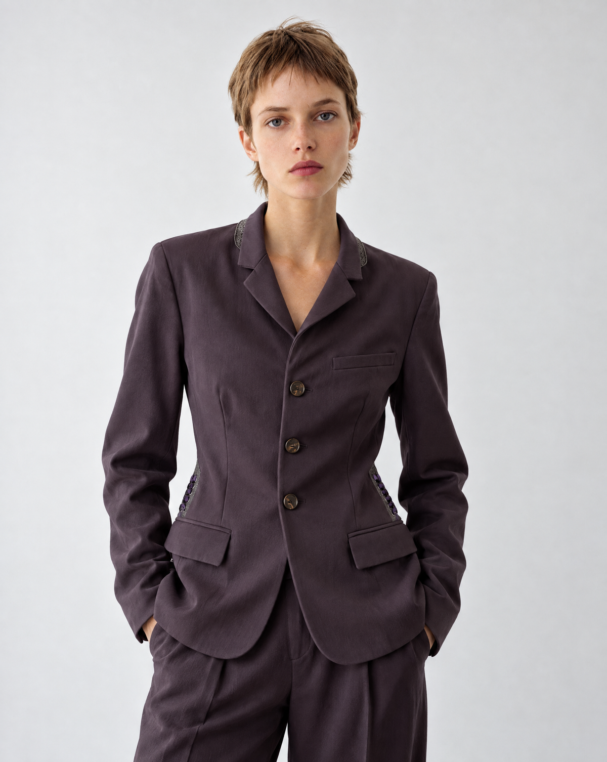Jean Paul Gaultier Femme Single-Breasted Plum Blazer with Corset Back Ties